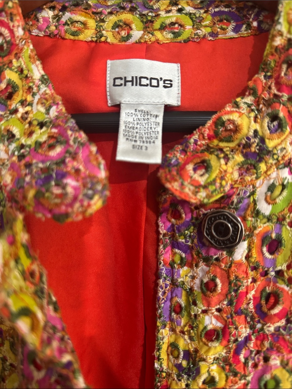 Chico’s Embroidered Multicolor Jacket Boho Art to Wear Cotton Size 3 - Picture 3 of 6